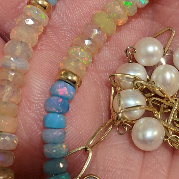 14k Yellow Gold Opals & Blue Opal Pearl Link Necklace with Moonstone Charm - Picture 14 of 16